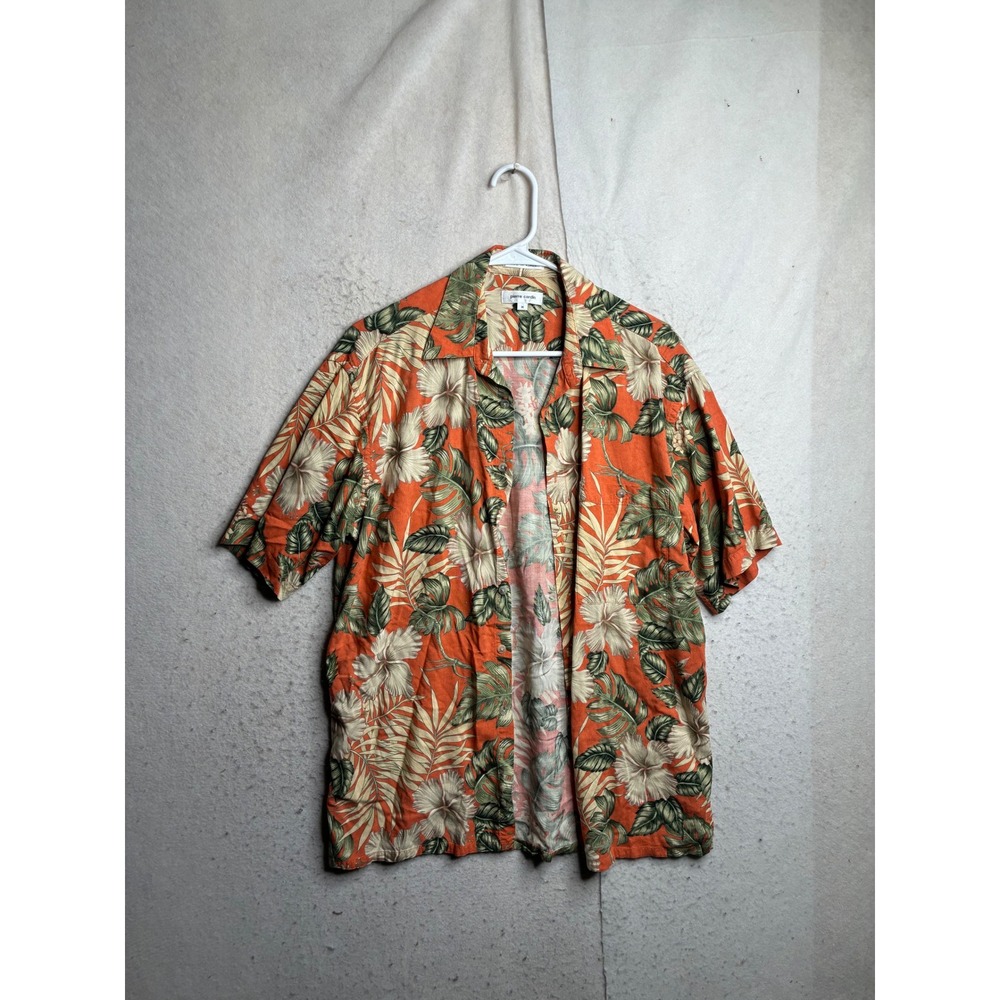 Pierre Cardin Mens Orange Tropical Floral Rayon Short Sleeve Camp Shirt Medium